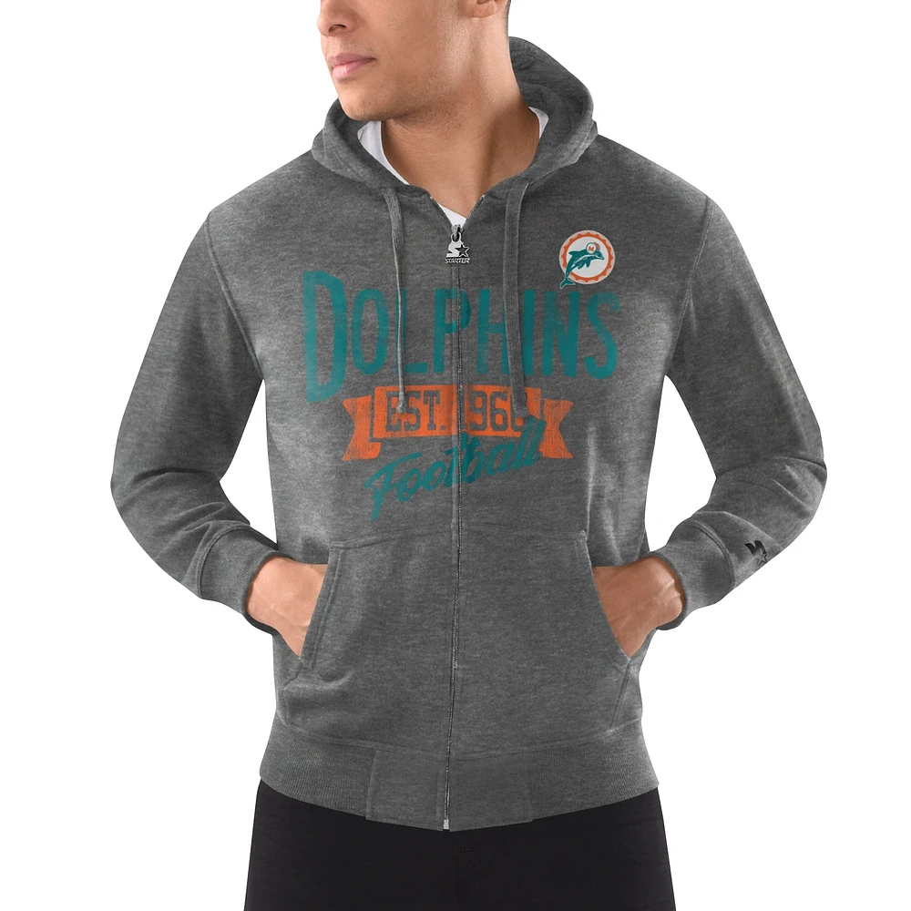 Sweat à capuche entièrement zippé d'après-saison pour hommes Starter Charcoal Miami Dolphins Gridiron Classics