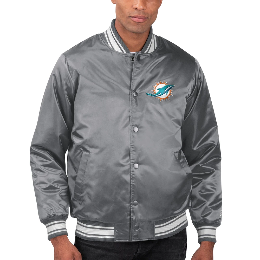 Men's Starter Gray Miami Dolphins Locker Room Satin Varsity Full-Snap Jacket