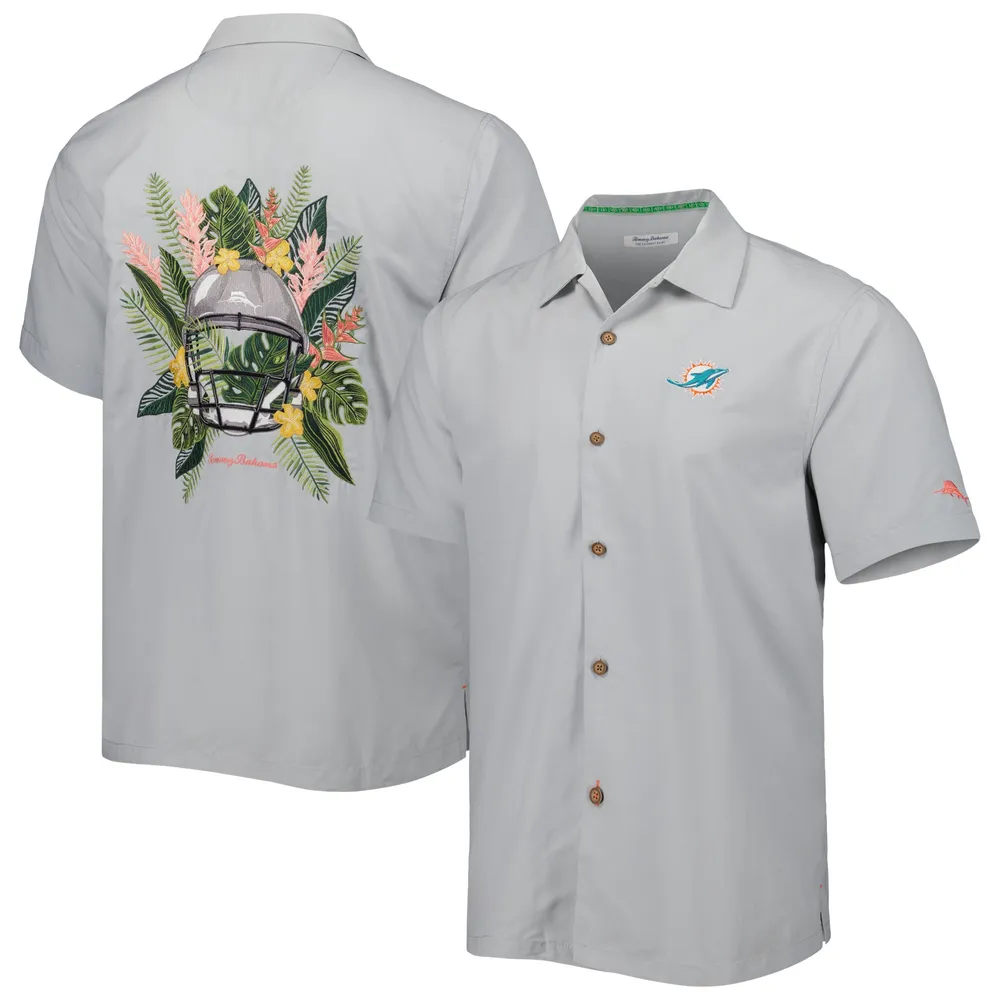 Chemise boutonnée pour homme Tommy Bahama Gray Miami Dolphins Coconut Point Frondly Fan Camp IslandZone