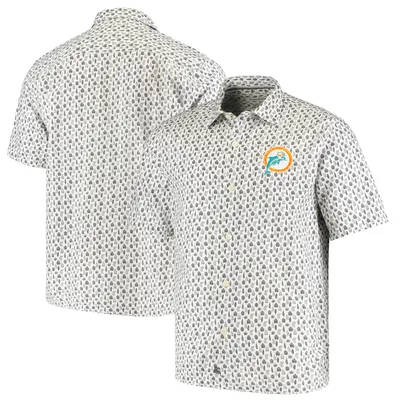 Men's Tommy Bahama Gray Miami Dolphins Coconut Point Frondly Fan Camp  IslandZone Button-Up Shirt