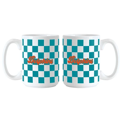 Miami Dolphins 2-Pack 15oz. Checkered Wordmark Mug Set