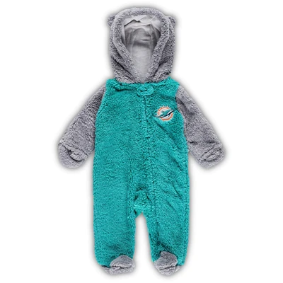 Newborn & Infant Aqua/Gray Miami Dolphins Game Nap Teddy Fleece Bunting Full-Zip Sleeper