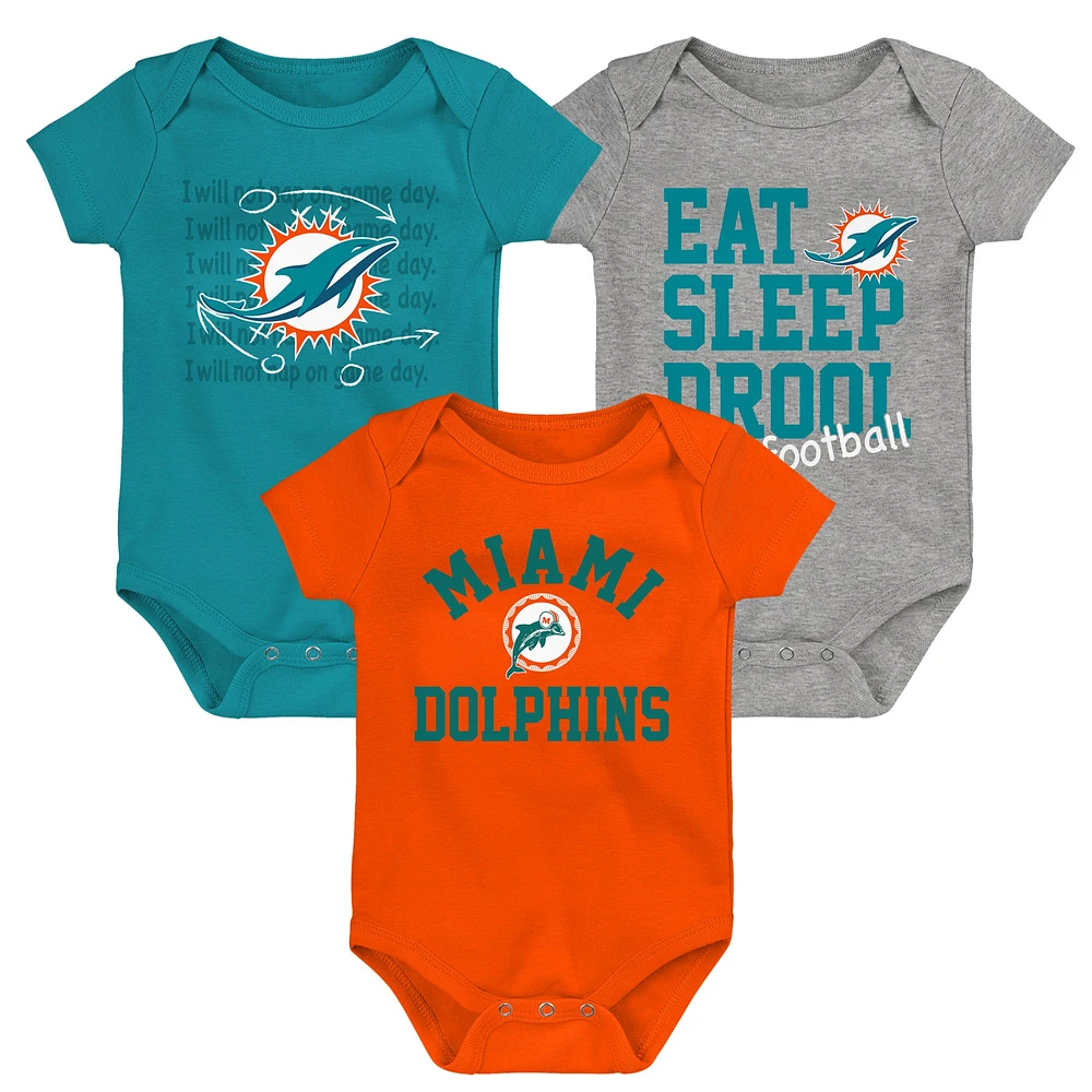 Newborn & Infant Aqua/Orange/Heather Gray Miami Dolphins Three-Pack Eat, Sleep Drool Retro Bodysuit Set