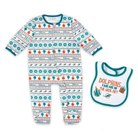 Ensemble pyjama et bavoir à fermeture éclair pour nouveau-né bébé par Erin Andrews Miami Dolphins Allover Print