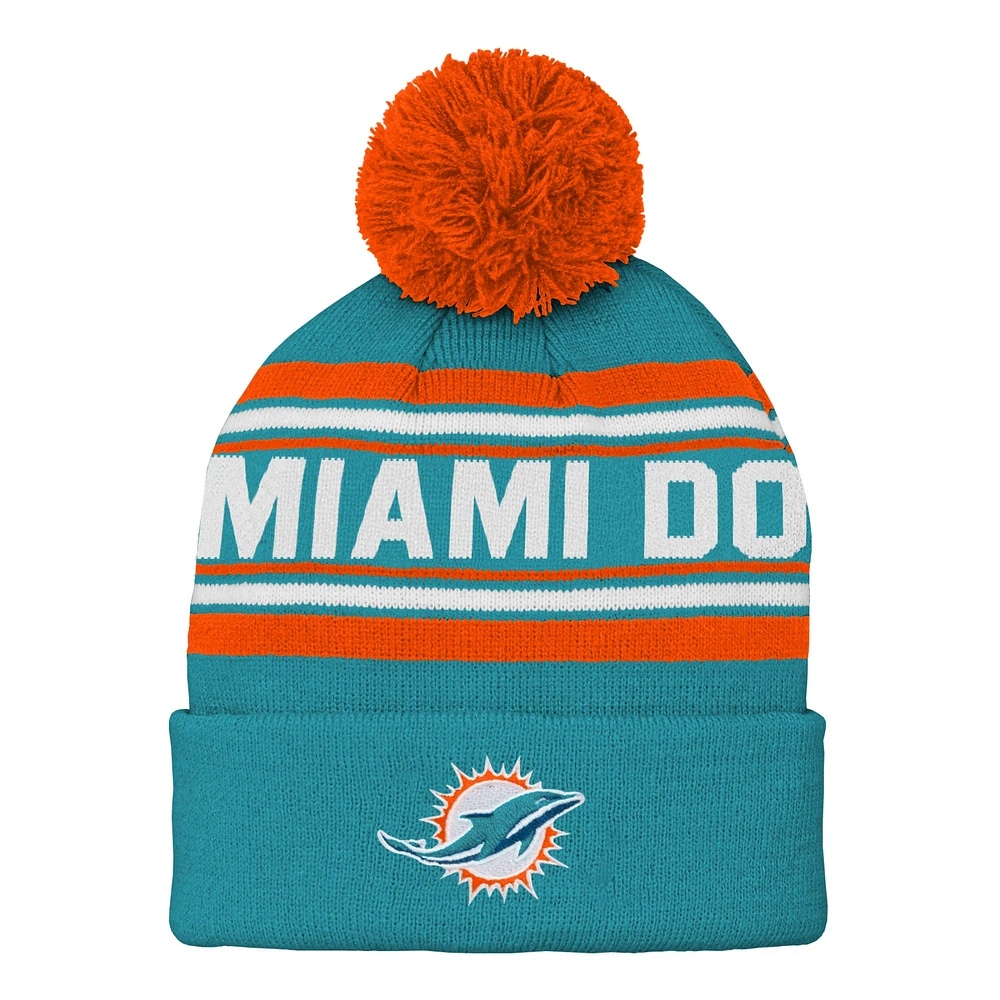 Bonnet en tricot à revers jacquard Aqua Miami Dolphins pour enfants d'âge préscolaire avec pompon