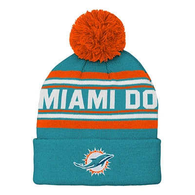 Bonnet en tricot à revers jacquard Aqua Miami Dolphins pour enfants d'âge préscolaire avec pompon
