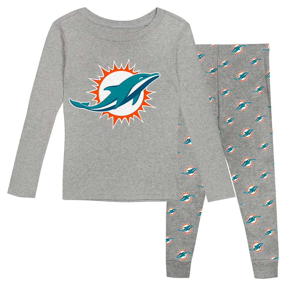 Ensemble de nuit pour enfant d'âge préscolaire avec t-shirt à manches longues et pantalon Heather Gray Miami Dolphins