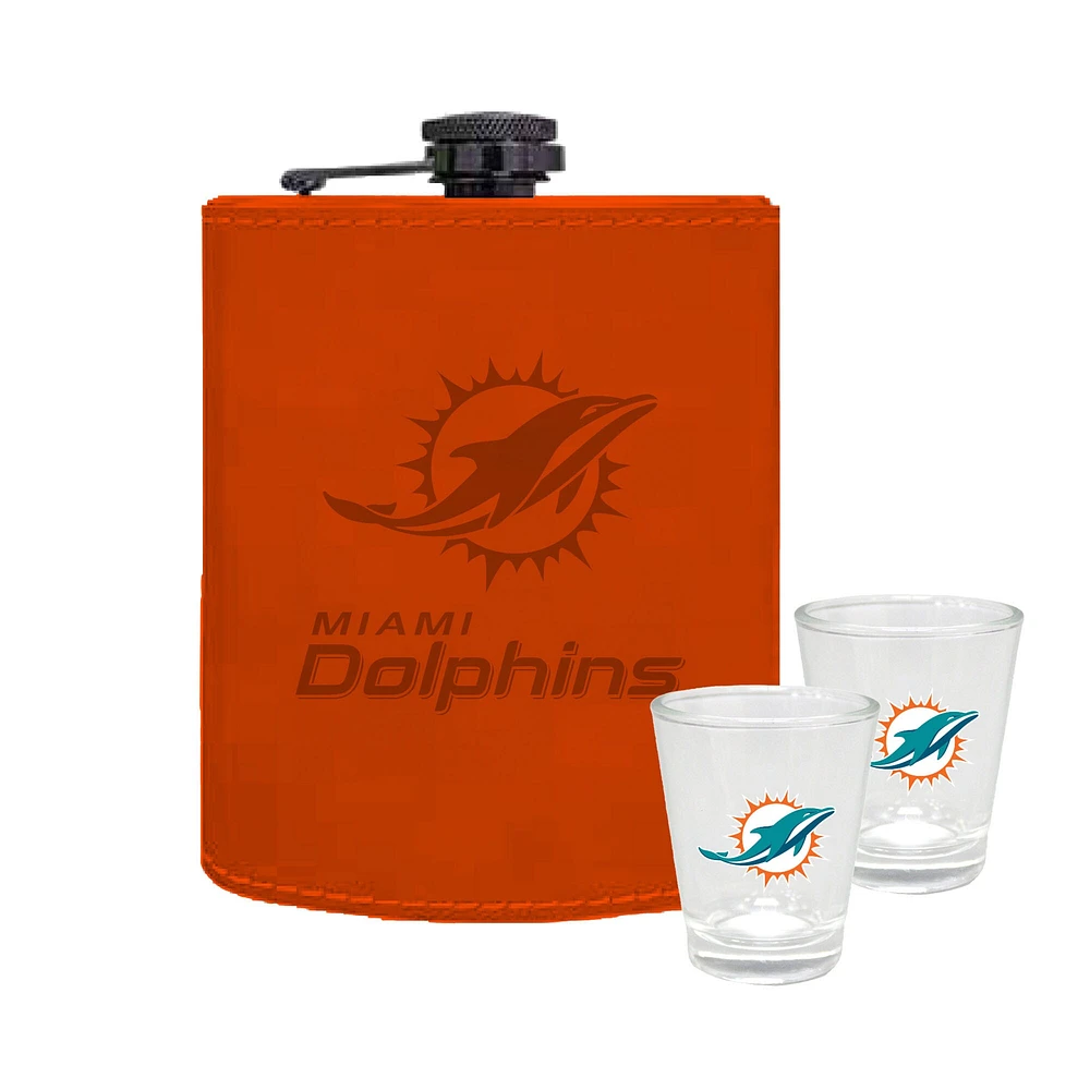 Ensemble de trois flasques en cuir de 227 ml et de verres à liqueur de 60 ml des Miami Dolphins de The Memory Company