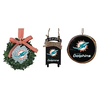 The Memory Company Miami Dolphins Three-Pack Wreath, Sled & Circle Ornament Set