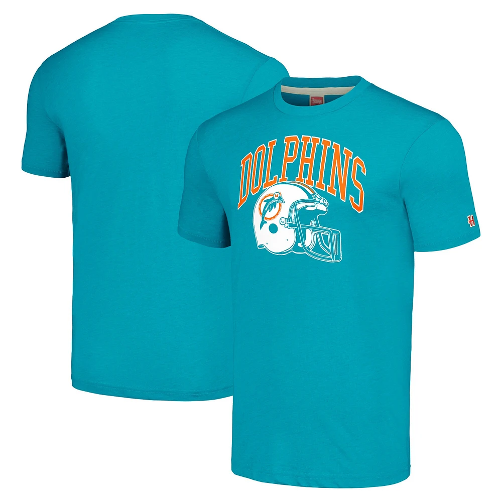 Hommage unisexe Aqua Miami Dolphins casque rétro T-shirt triple mélange