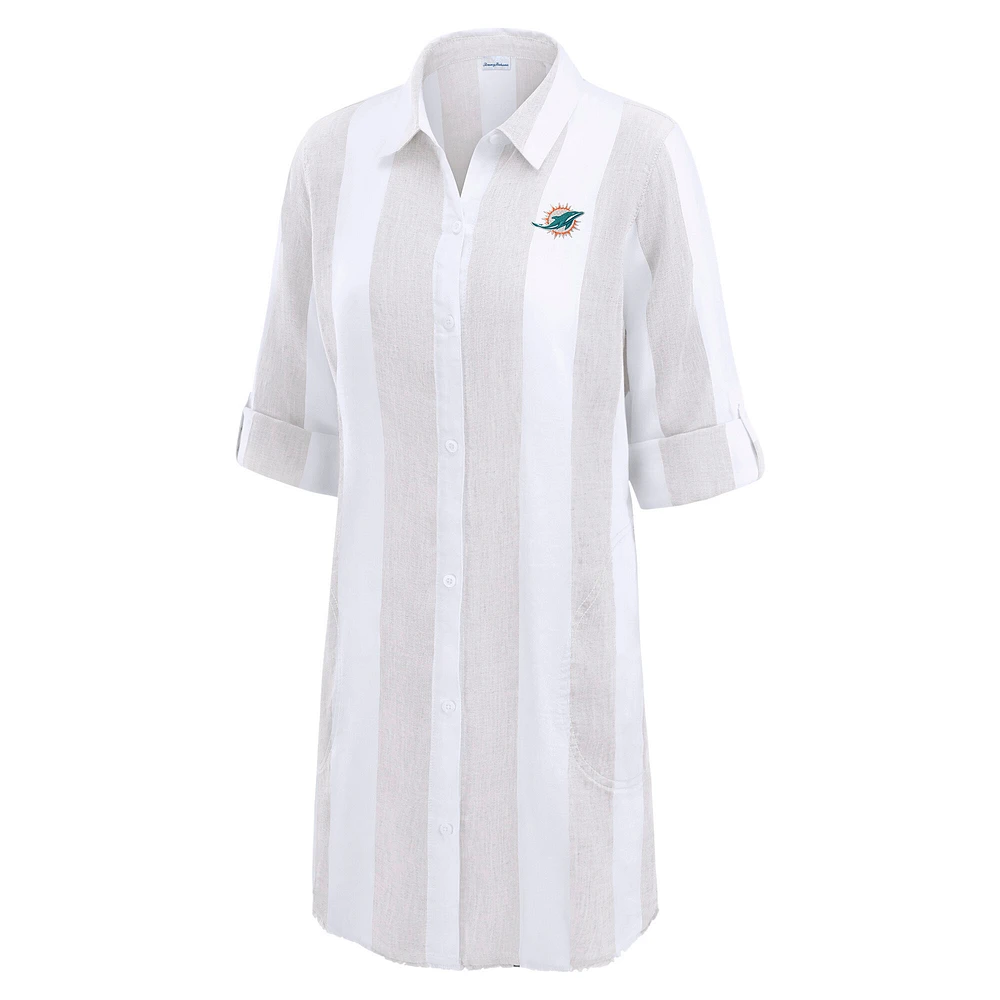 Women's Tommy Bahama  Khaki/White Miami Dolphins Rugby Beach Stripe Button-Up Tunic