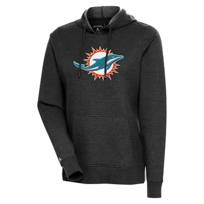 Women's Antigua Heather Gray/Black Miami Dolphins Victory Raglan Sleeve Chenille Pullover Hoodie Size: Medium