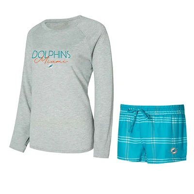 Ensemble t-shirt à manches longues et short raglan pour femme Concepts Sport Aqua/Gris Miami Dolphins Petition