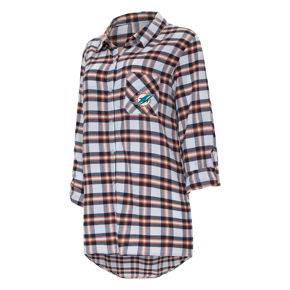 Women's Concepts Sport Aqua Miami Dolphins Sienna Plaid Full-Button Long Sleeve Nightshirt