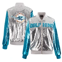 Women's Cuce Silver Miami Dolphins Two-Tone Team Colored Full-Zip Sequin Jacket