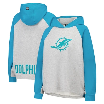 Sweat à capuche court raglan DKNY Sport gris/aqua pour femme des Miami Dolphins Joy