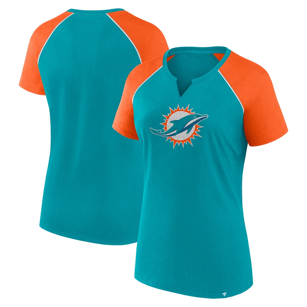 Women's Fanatics Aqua/Orange Miami Dolphins Glittered Primary Raglan T-Shirt