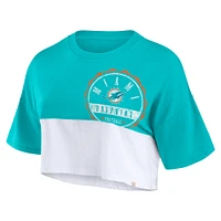 T-shirt court fendu de couleur boxy Fanatics Aqua/White Miami Dolphins pour femmes