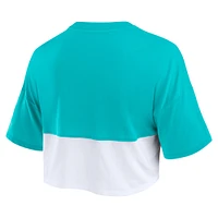 T-shirt court fendu de couleur boxy Fanatics Aqua/White Miami Dolphins pour femmes