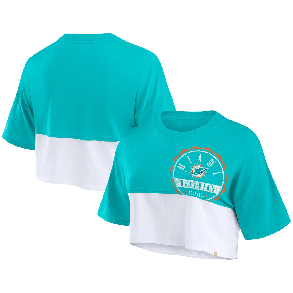 T-shirt court fendu de couleur boxy Fanatics Aqua/White Miami Dolphins pour femmes