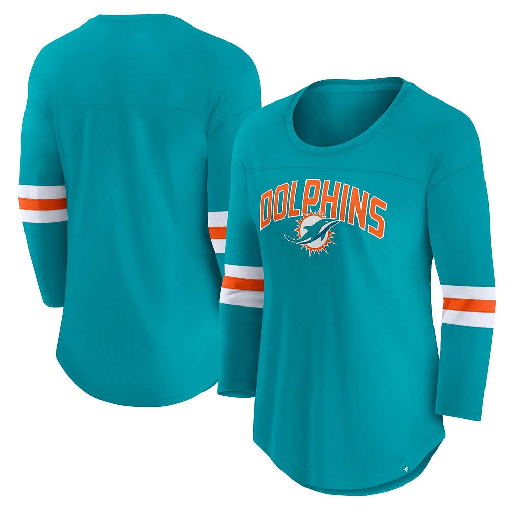 Women's Fanatics Aqua Miami Dolphins First Team Arch Logo 3/4 Sleeve T-Shirt