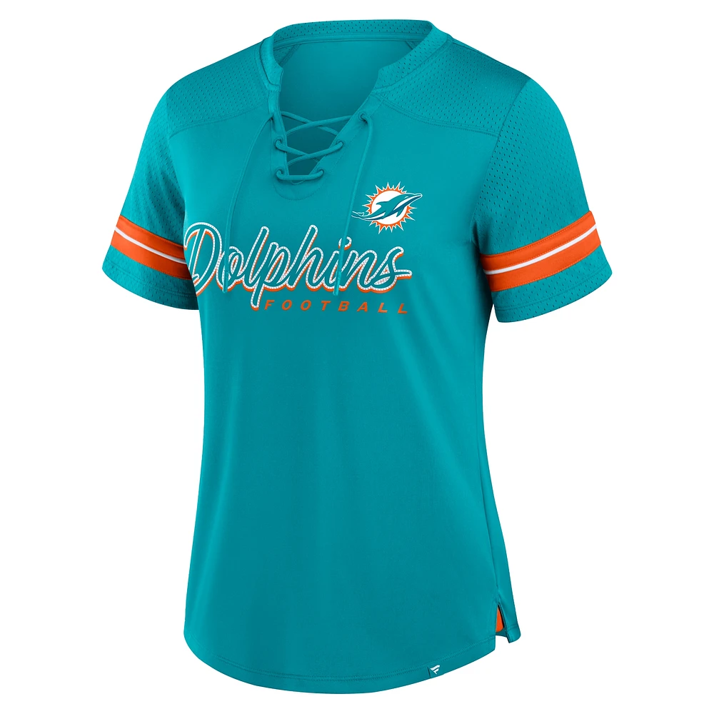 Women's Fanatics Aqua Miami Dolphins Play Script Lace-Up T-Shirt