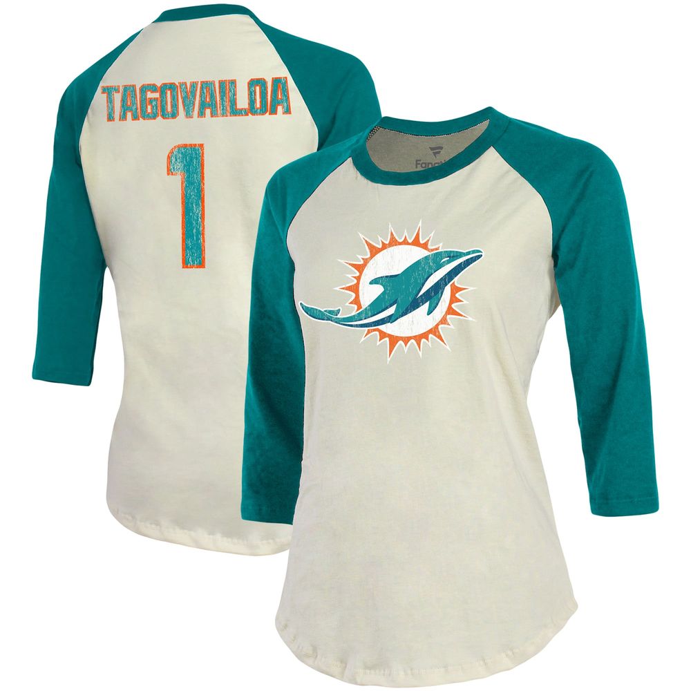 Majestic Threads Women's Fanatics Branded Cream/Aqua Miami Dolphins Player  Raglan Name & Number 3/4-Sleeve T-Shirt