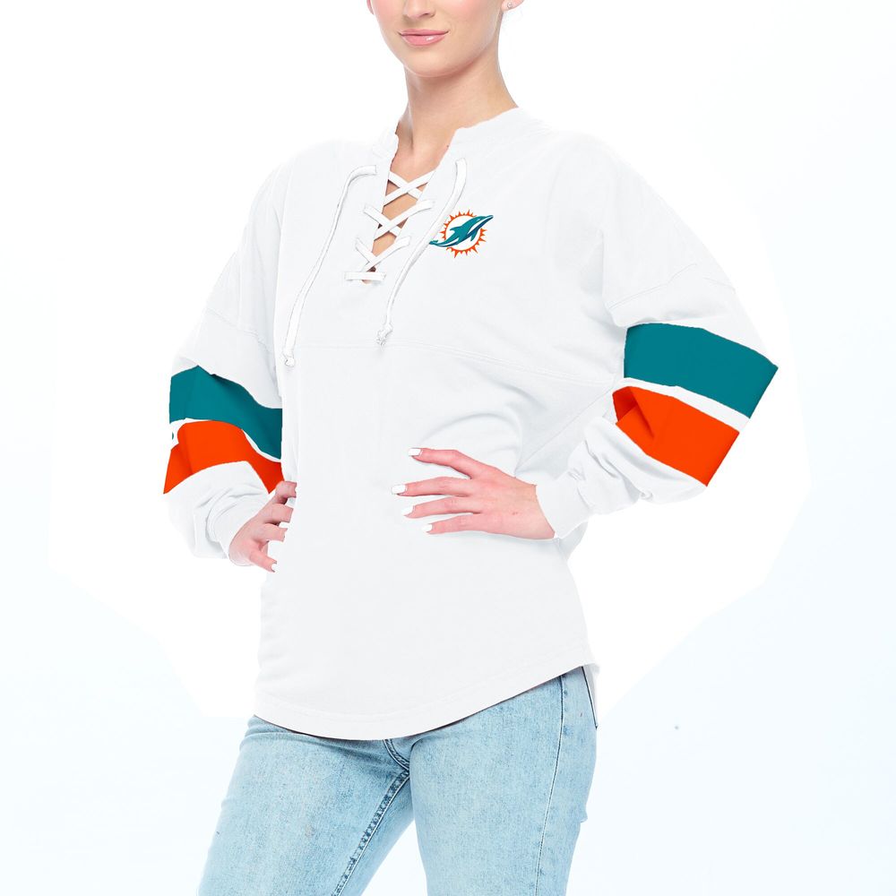 Women's Fanatics Branded White Miami Dolphins Spirit Jersey Lace-Up V-Neck Long Sleeve T-Shirt