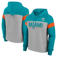 Women's Fanatics Heather Gray/Aqua Miami Dolphins Bold Play Call Pullover Hoodie