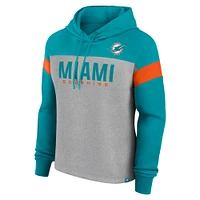 Women's Fanatics Heather Gray/Aqua Miami Dolphins Bold Play Call Pullover Hoodie