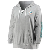 Women's Fanatics Heathered Gray Miami Dolphins Plus Lace-Up Pullover Hoodie