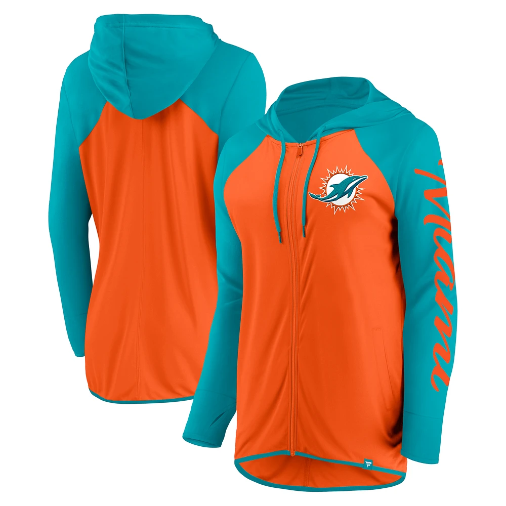 Sweat à capuche zippé intégral Fanatics Orange/Aqua Miami Dolphins pour femme