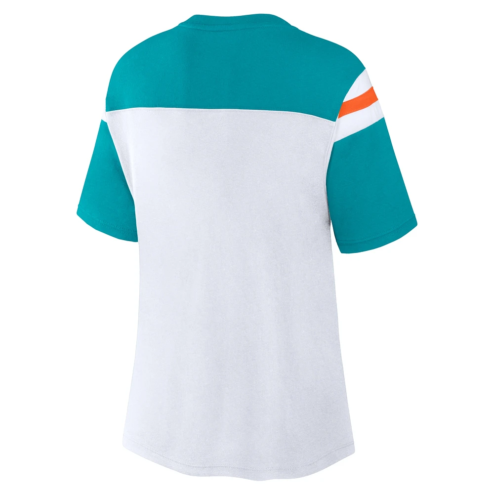 Haut court tendance blanc/aqua pour femme Fanatics Miami Dolphins Cheer Chant