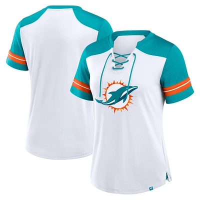 T-shirt à lacets primaire déjoué Fanatics blanc/aqua pour femmes des Dolphins de Miami