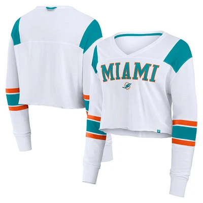 T-shirt à manches longues extensible et court pour femme Fanatics des Miami Dolphins blanc