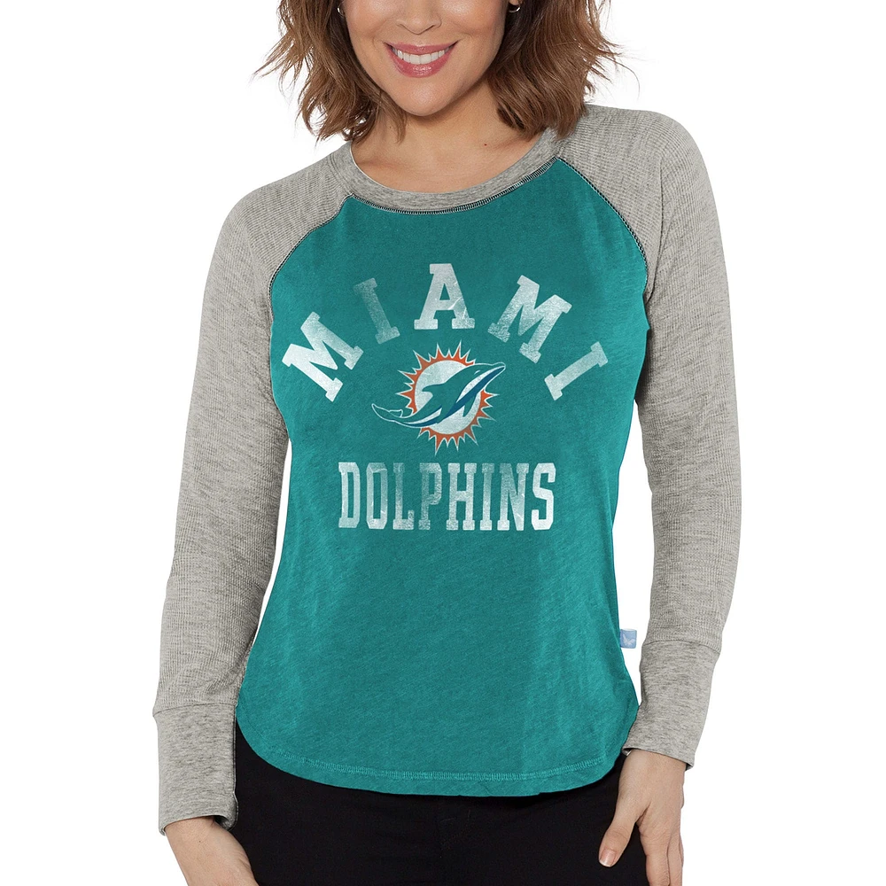 T-shirt à manches longues raglan en tricot gaufré Miami Dolphins pour femme G-III 4Her by Carl Banks Aqua/gris chiné