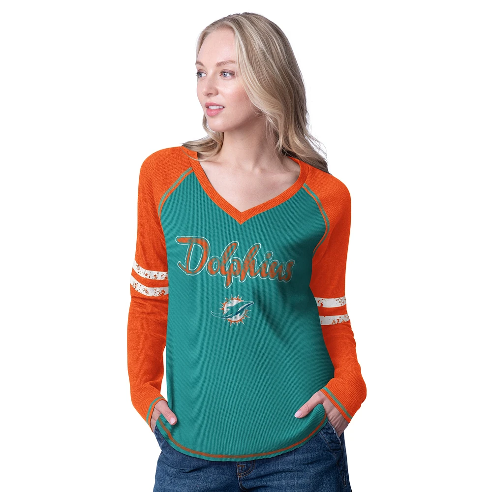 T-shirt à manches longues pour femme G-III 4Her by Carl Banks Aqua/Orange Miami Dolphins Winner