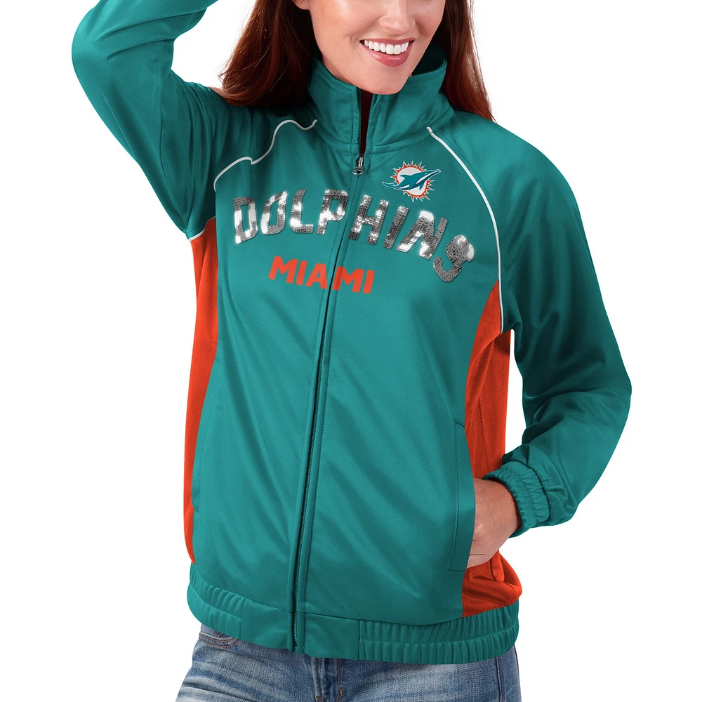 G-III 4Her par Carl Banks Aqua Miami Dolphins Backfield Raglan pour femmes - Veste de survêtement entièrement zippée