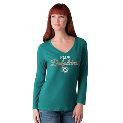 T-shirt à manches longues et col en V pour femme G-III 4Her by Carl Banks Aqua Miami Dolphins Post Season