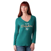 T-shirt à manches longues et col en V pour femme G-III 4Her by Carl Banks Aqua Miami Dolphins Post Season