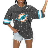 Women's Gameday Couture Anthracite Miami Dolphins Kickoff Time Allover Rhinestone Sports Stripe Jersey V-Neck T-Shirt