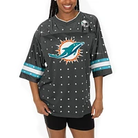 Women's Gameday Couture Anthracite Miami Dolphins Kickoff Time Allover Rhinestone Sports Stripe Jersey V-Neck T-Shirt