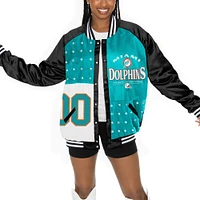 Women's Gameday Couture  Black/Aqua Miami Dolphins Oversized Hot Shot Rhinestone Throwback Full-Snap Varsity Bomber Jacket