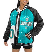 Veste bomber surdimensionnée noire/aqua Gameday Couture pour femme des Miami Dolphins avec strass et boutons-pression