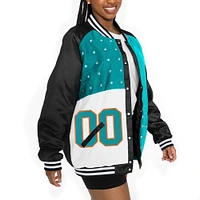 Women's Gameday Couture  Black/Aqua Miami Dolphins Oversized Hot Shot Rhinestone Throwback Full-Snap Varsity Bomber Jacket