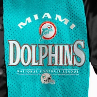 Women's Gameday Couture  Black/Aqua Miami Dolphins Oversized Hot Shot Rhinestone Throwback Full-Snap Varsity Bomber Jacket