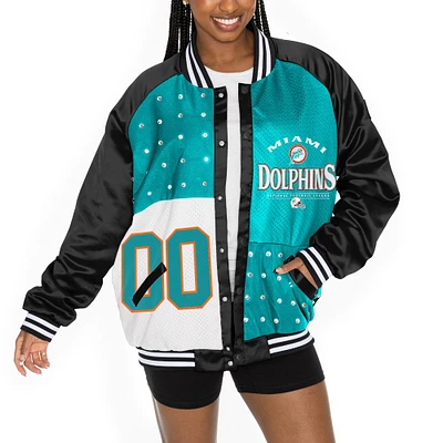 Women's Gameday Couture  Black/Aqua Miami Dolphins Oversized Hot Shot Rhinestone Throwback Full-Snap Varsity Bomber Jacket