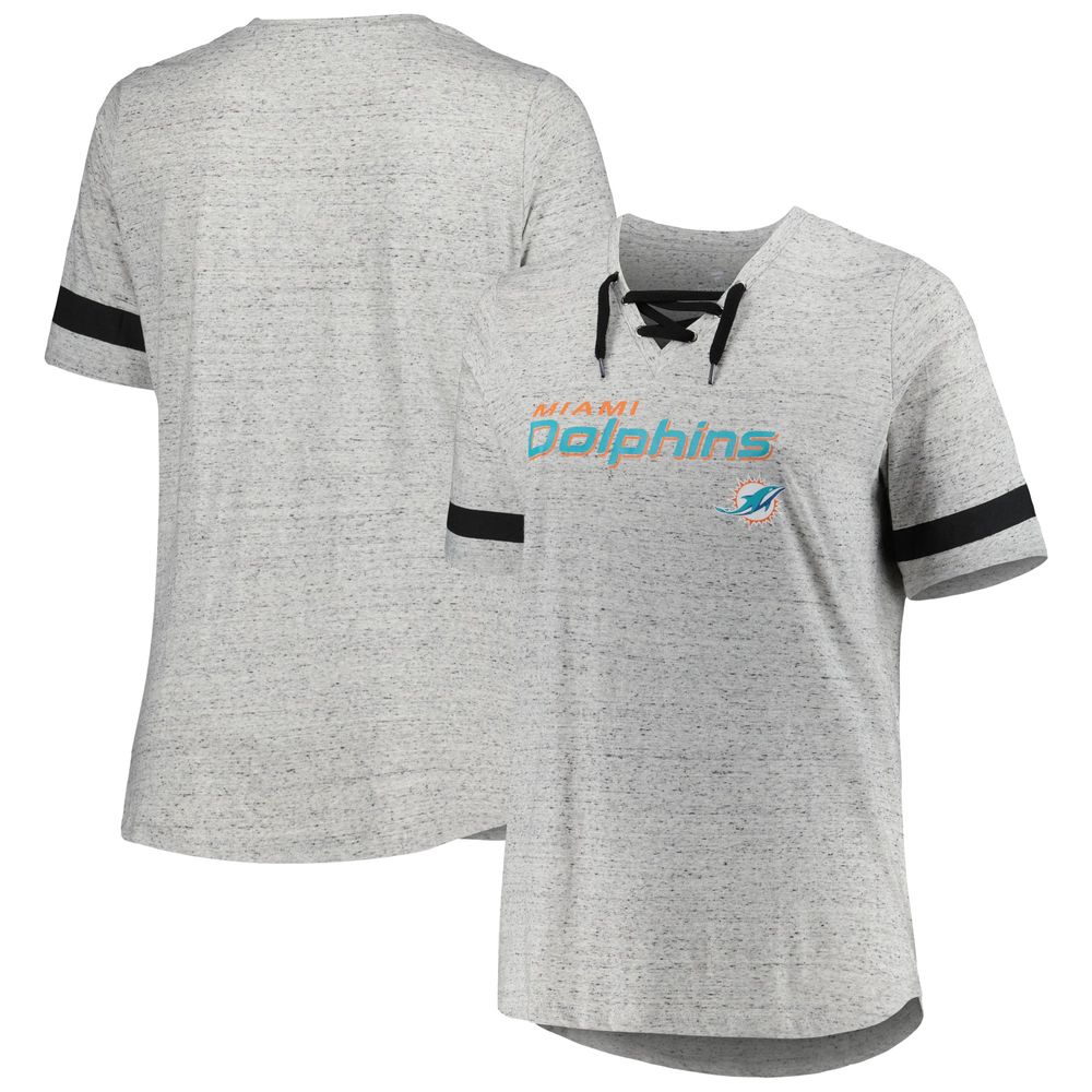 Women's Heather Gray Miami Dolphins Plus Lace-Up V-Neck T-Shirt