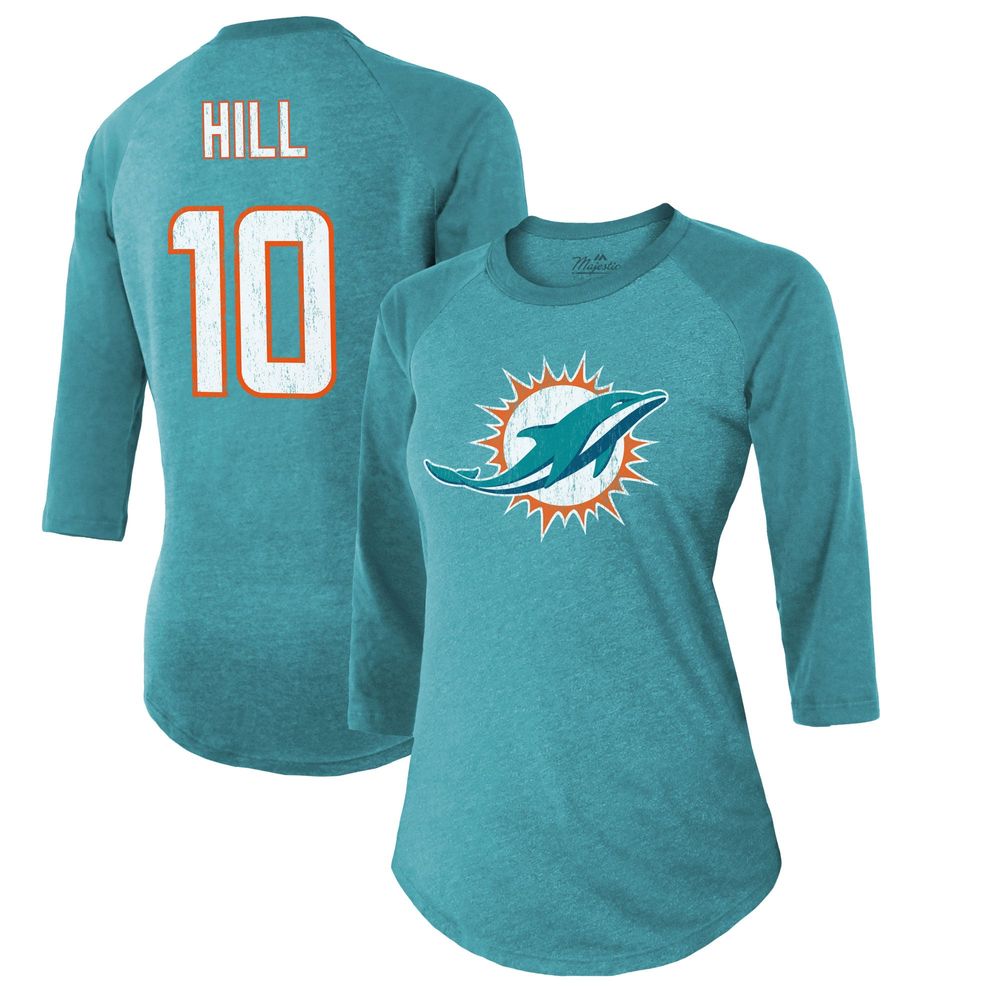 Women's Majestic Threads Tyreek Hill Aqua Miami Dolphins Name & Number Raglan 3/4 Sleeve T-Shirt