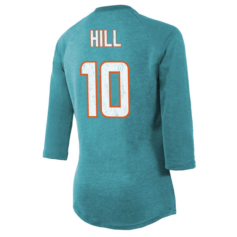 Women's Majestic Threads Tyreek Hill Aqua Miami Dolphins Name & Number Raglan 3/4 Sleeve T-Shirt